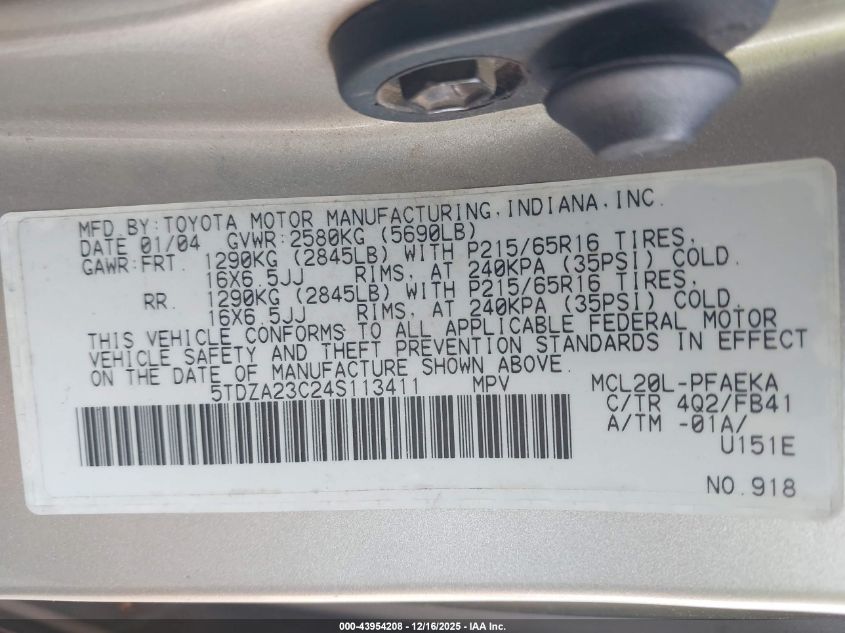 2004 Toyota Sienna Le VIN: 5TDZA23C24S113411 Lot: 43954208