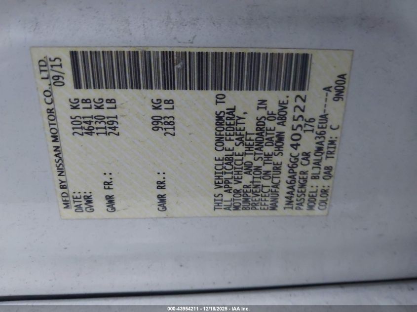 2016 Nissan Maxima 3.5 S VIN: 1N4AA6AP6GC405522 Lot: 43954211