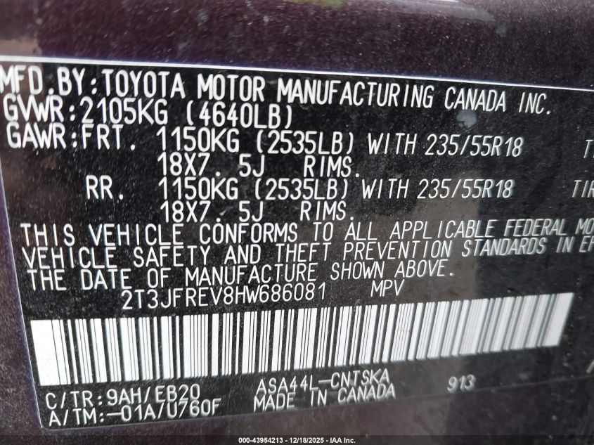 2017 Toyota Rav4 Se VIN: 2T3JFREV8HW686081 Lot: 43954213