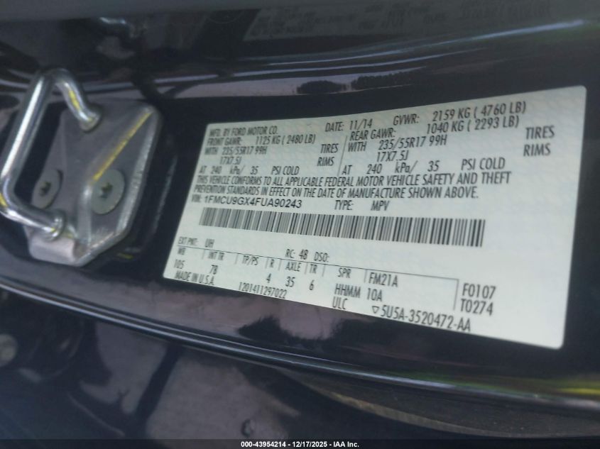 2015 Ford Escape Se VIN: 1FMCU9GX4FUA90243 Lot: 43954214