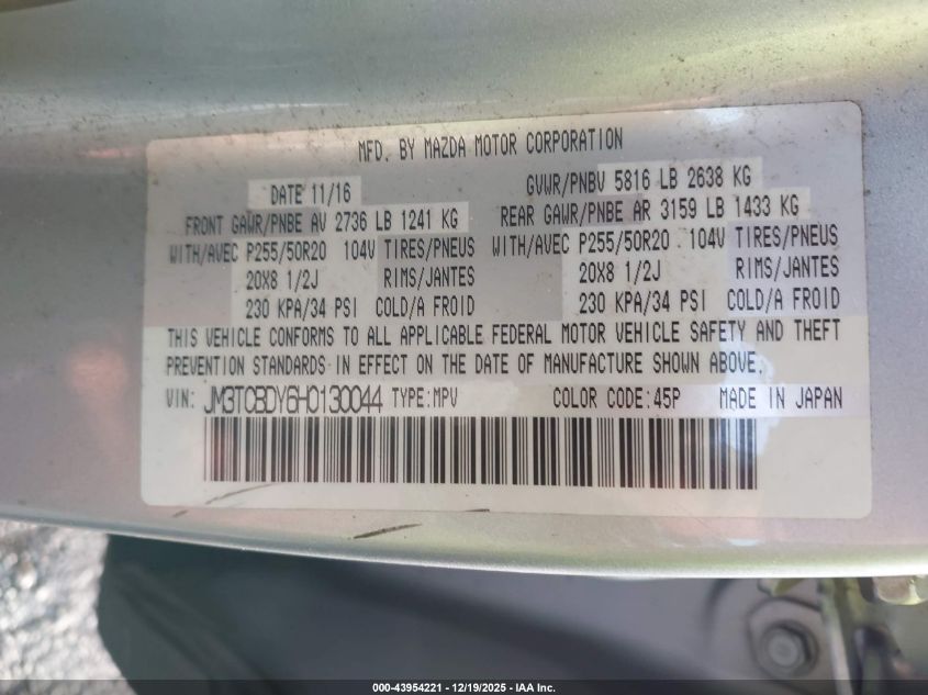 2017 Mazda Cx-9 Grand Touring VIN: JM3TCBDY6H0130044 Lot: 43954221