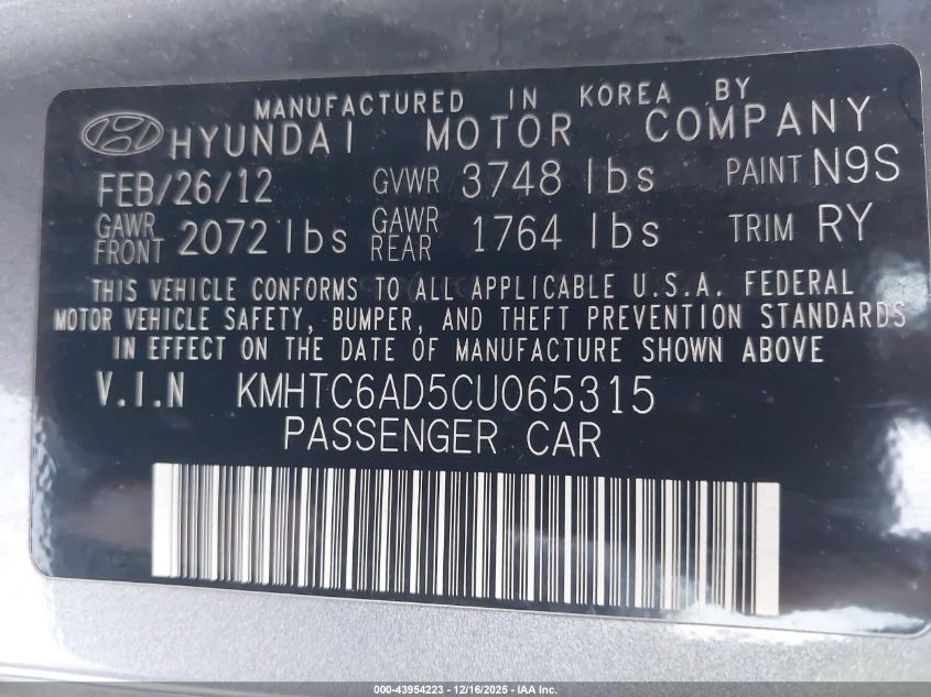 2012 Hyundai Veloster Base W/Black VIN: KMHTC6AD5CU065315 Lot: 43954223