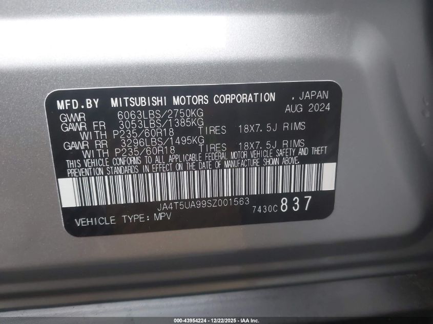 2025 Mitsubishi Outlander Phev Es S-Awc VIN: JA4T5UA99SZ001563 Lot: 43954224