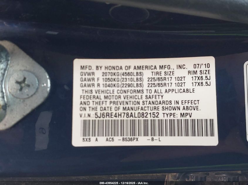 2010 Honda Cr-V Ex-L VIN: 5J6RE4H78AL082152 Lot: 43954225