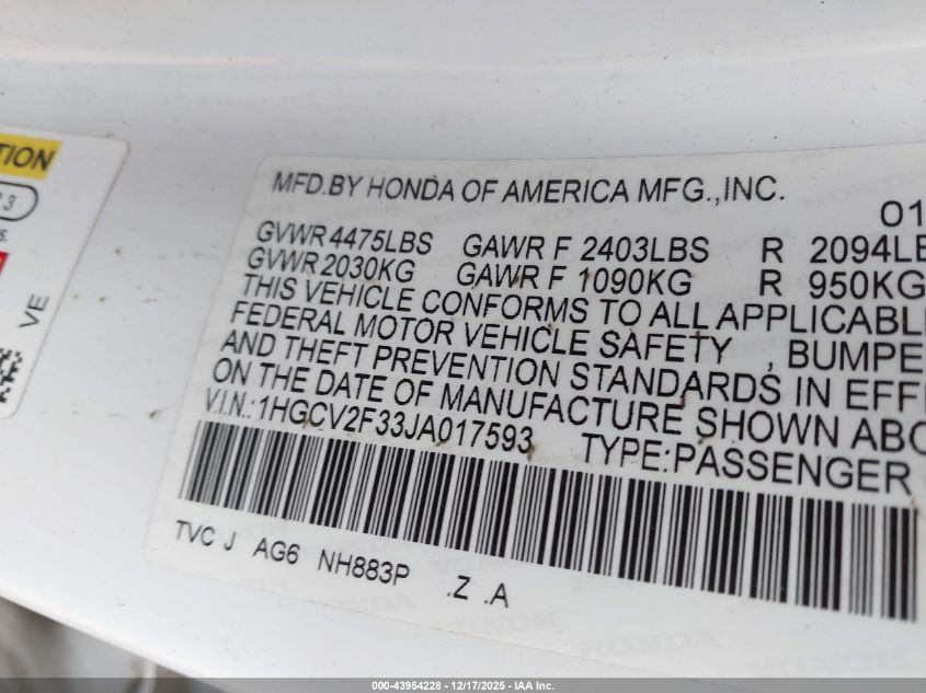 2018 Honda Accord Sport 2.0T VIN: 1HGCV2F33JA017593 Lot: 43954228
