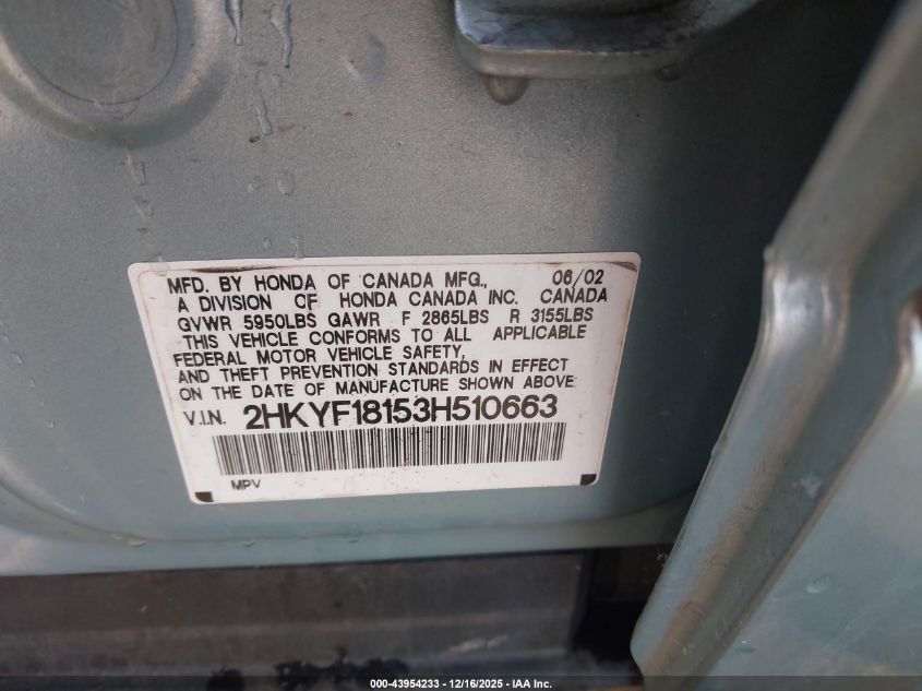2003 Honda Pilot Lx VIN: 2HKYF18153H510663 Lot: 43954233