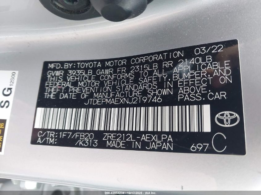 2022 Toyota Corolla Le VIN: JTDEPMAEXNJ219746 Lot: 43954234