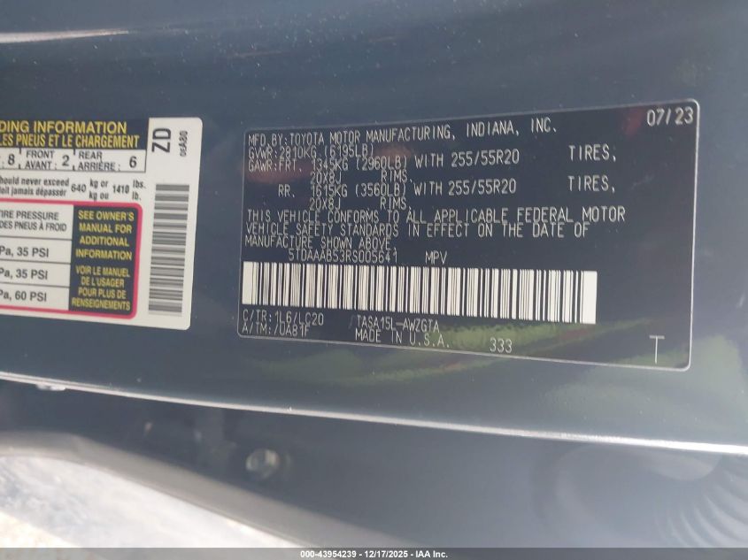 2024 Toyota Grand Highlander Limited VIN: 5TDAAAB53RS005641 Lot: 43954239