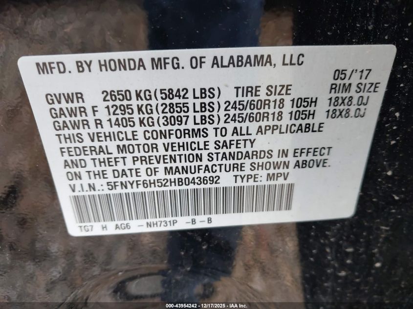 2017 Honda Pilot Ex-L VIN: 5FNYF6H52HB043692 Lot: 43954242