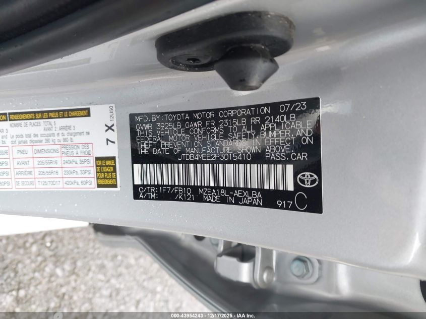 2023 Toyota Corolla Le VIN: JTDB4MEE2P3015410 Lot: 43954243