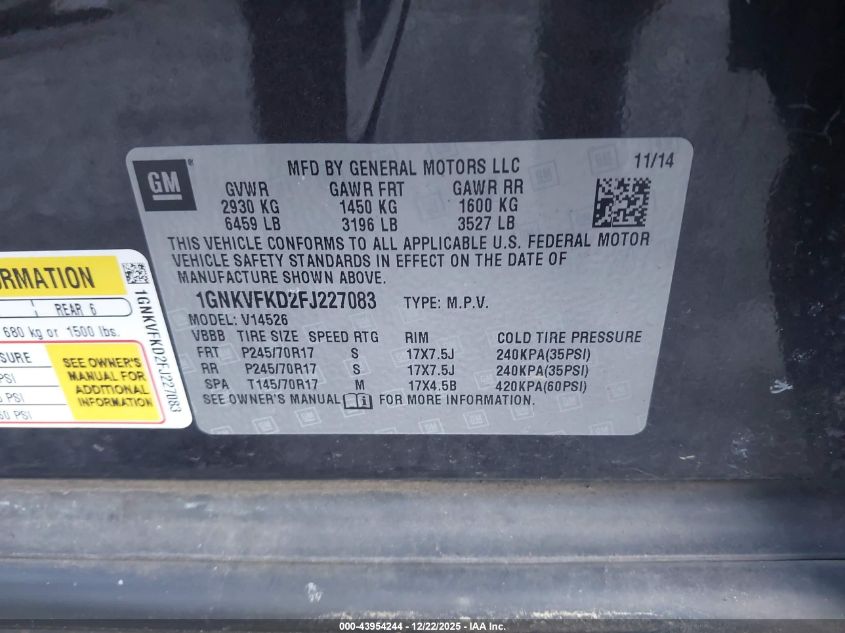 2015 Chevrolet Traverse Ls VIN: 1GNKVFKD2FJ227083 Lot: 43954244