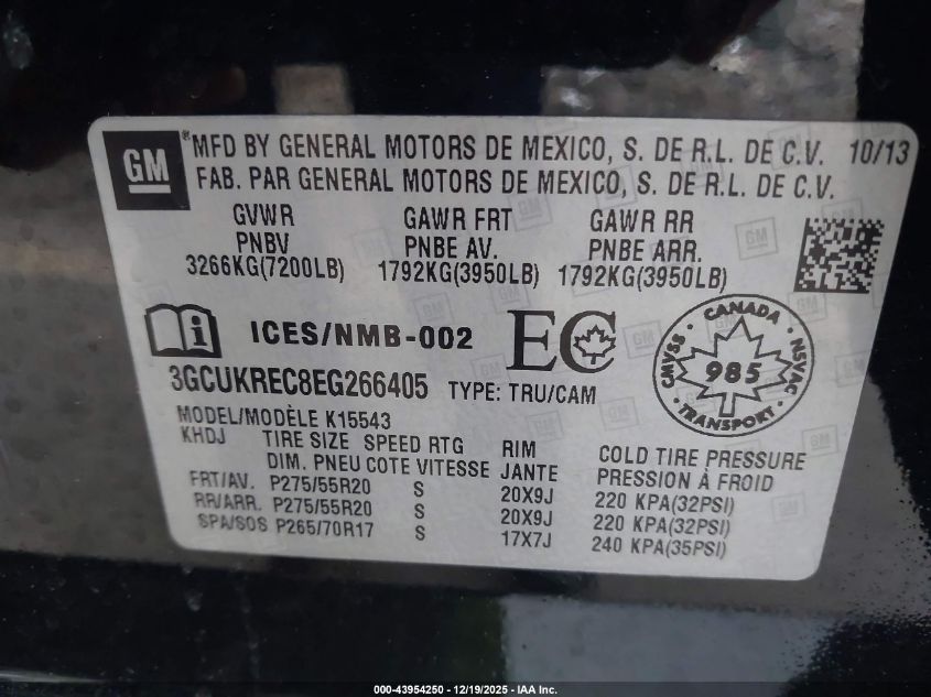 2014 Chevrolet Silverado 1500 1Lt/2Lt VIN: 3GCUKREC8EG266405 Lot: 43954250