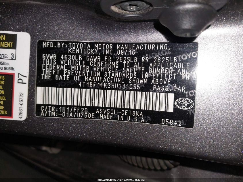 2017 Toyota Camry Se VIN: 4T1BF1FK3HU311055 Lot: 43954255