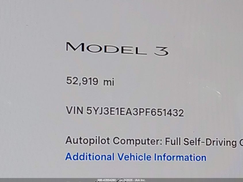 2023 Tesla Model 3 Rear-Wheel Drive VIN: 5YJ3E1EA3PF651432 Lot: 43954260