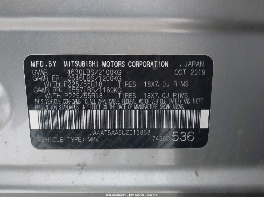 2020 Mitsubishi Eclipse Cross Se 1.5T Awc VIN: JA4AT5AA5LZ013868 Lot: 43954261
