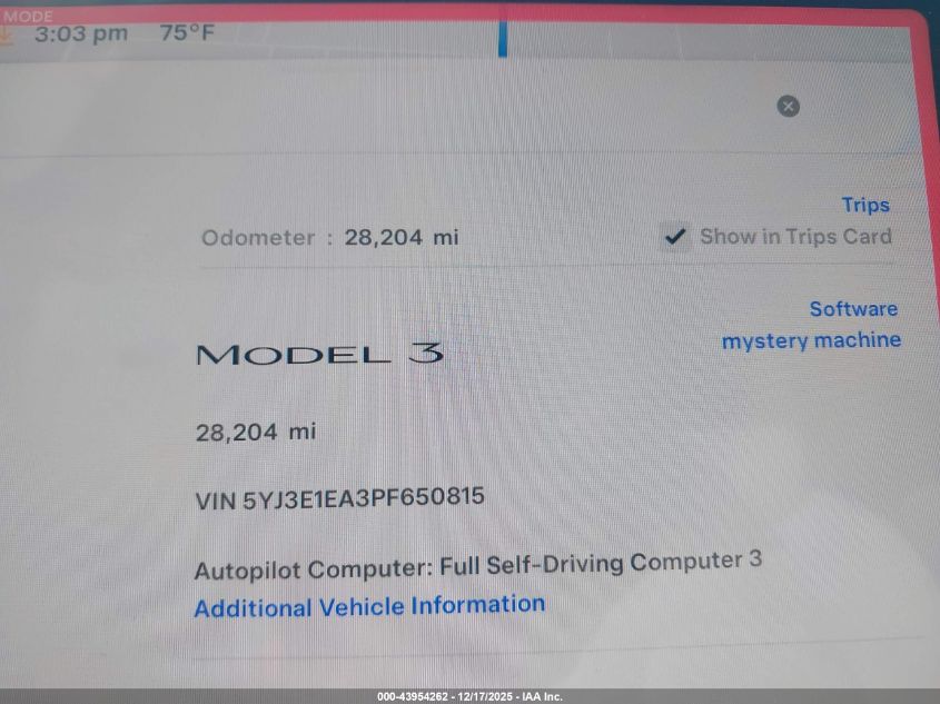 2023 Tesla Model 3 Rear-Wheel Drive VIN: 5YJ3E1EA3PF650815 Lot: 43954262