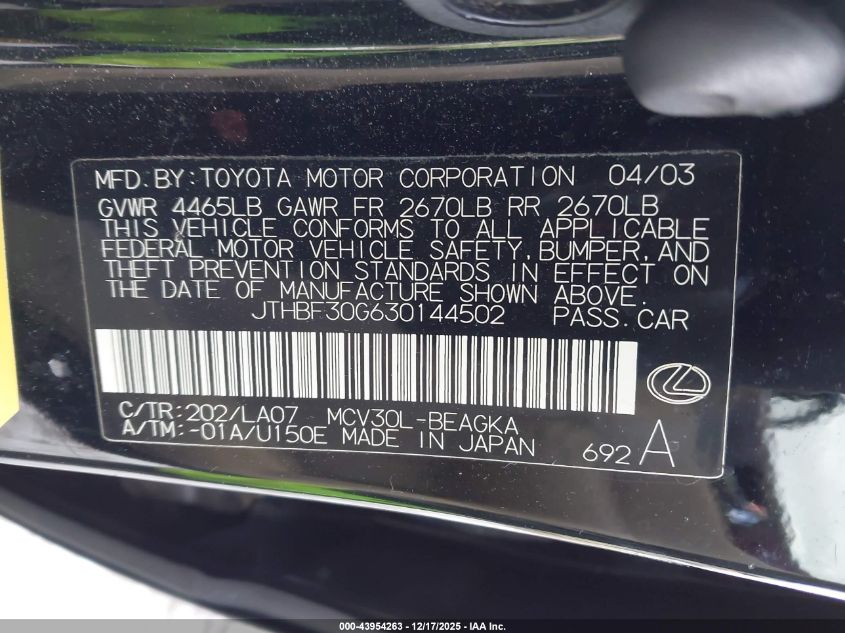 2003 Lexus Es 300 VIN: JTHBF30G630144502 Lot: 43954263