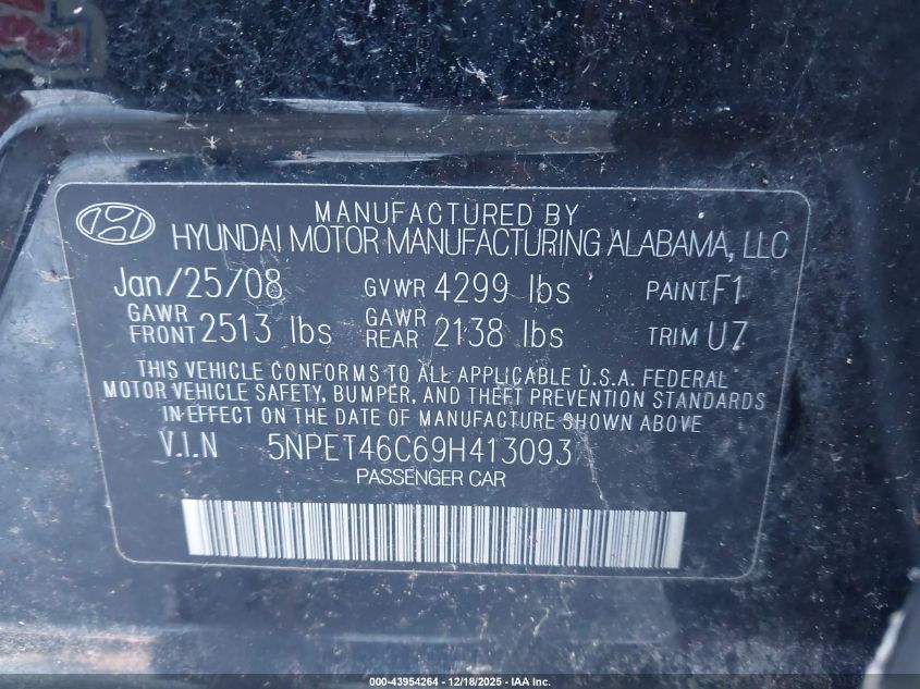 2009 Hyundai Sonata Gls VIN: 5NPET46C69H413093 Lot: 43954264