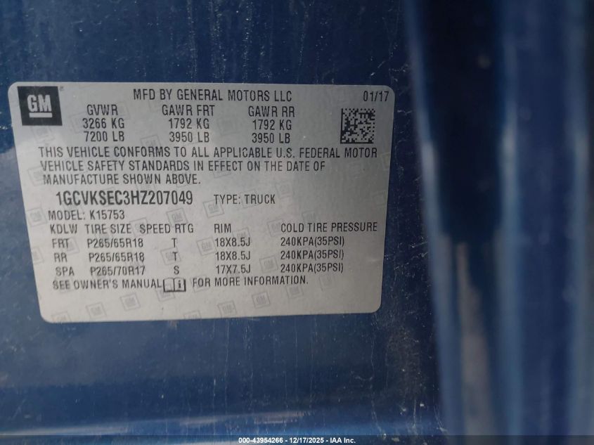 2017 Chevrolet Silverado 1500 1Lz VIN: 1GCVKSEC3HZ207049 Lot: 43954266