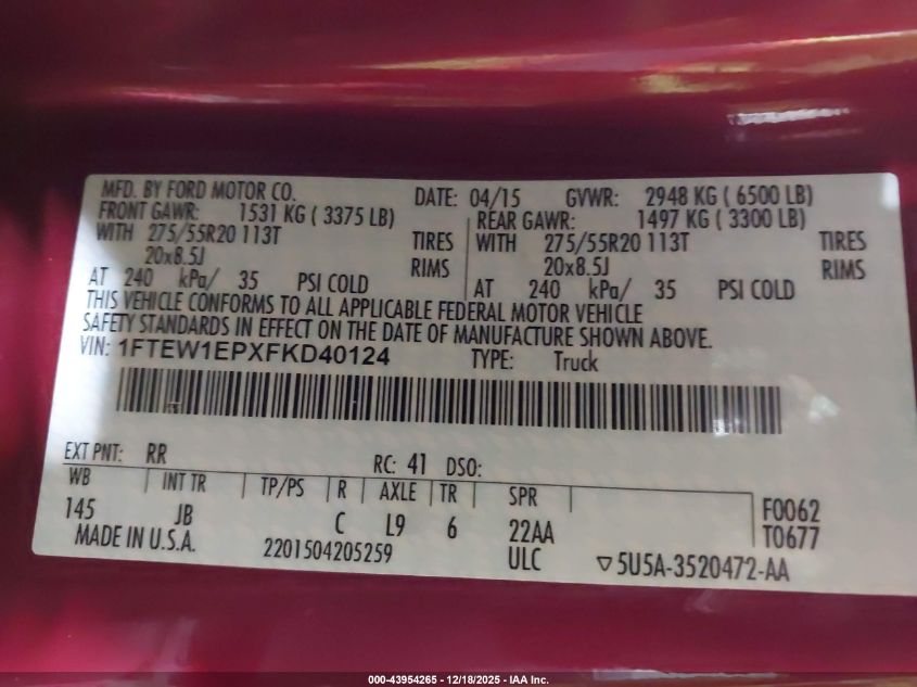 2015 Ford F-150 Xlt VIN: 1FTEW1EPXFKD40124 Lot: 43954265