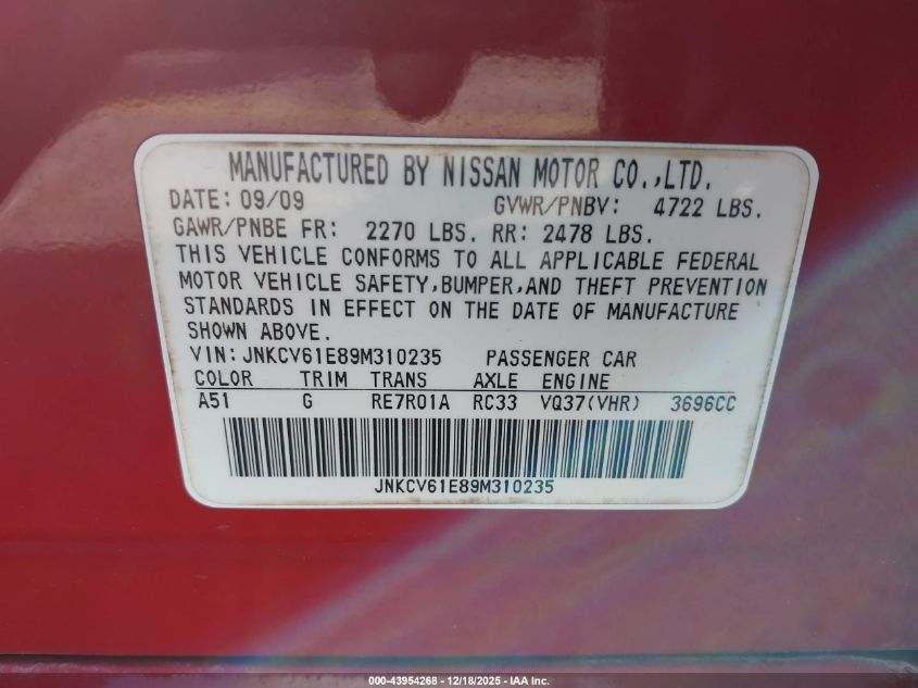 2009 Infiniti G37 Journey VIN: JNKCV61E89M310235 Lot: 43954268