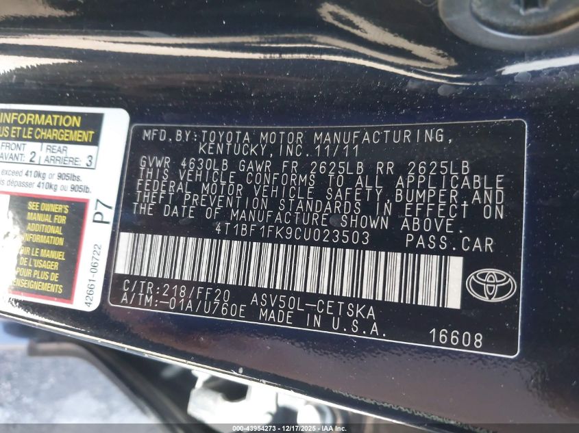 2012 Toyota Camry Se VIN: 4T1BF1FK9CU023503 Lot: 43954273