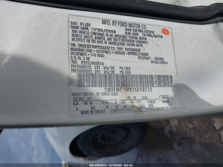 2002 Mercury Grand Marquis Gs VIN: 2MEFM74W92X653712 Lot: 43954274