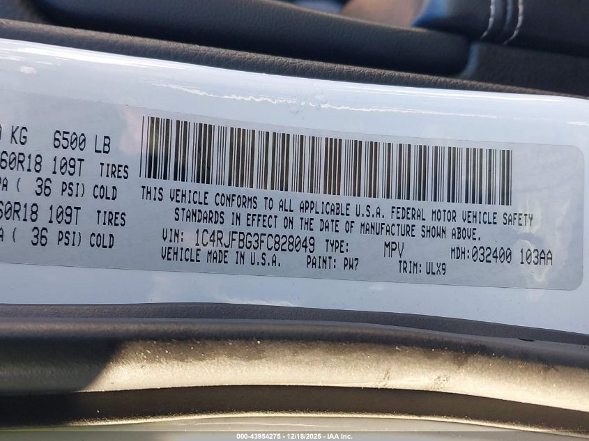 2015 Jeep Grand Cherokee Limited VIN: 1C4RJFBG3FC828049 Lot: 43954275