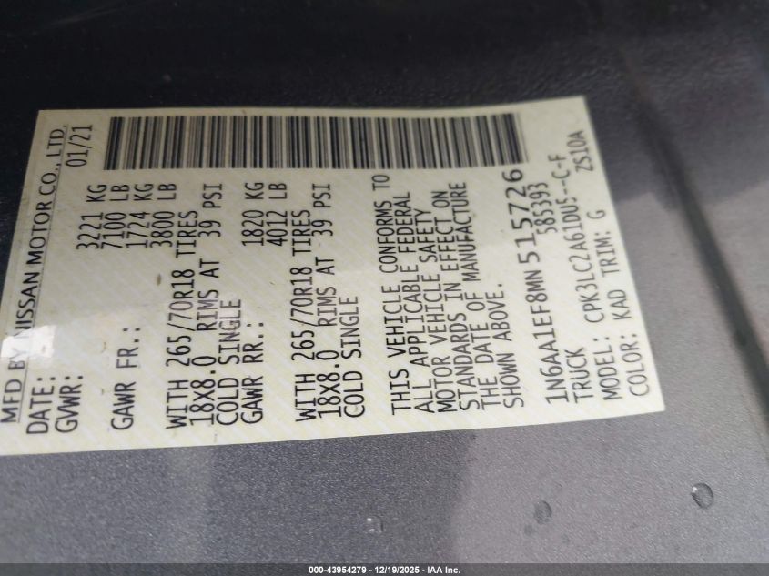 2021 Nissan Titan Sv 4X2 VIN: 1N6AA1EF8MN515726 Lot: 43954279