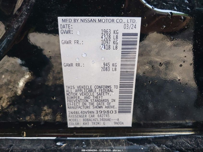 2024 Nissan Altima Sv Fwd VIN: 1N4BL4DV9RN399803 Lot: 43954284