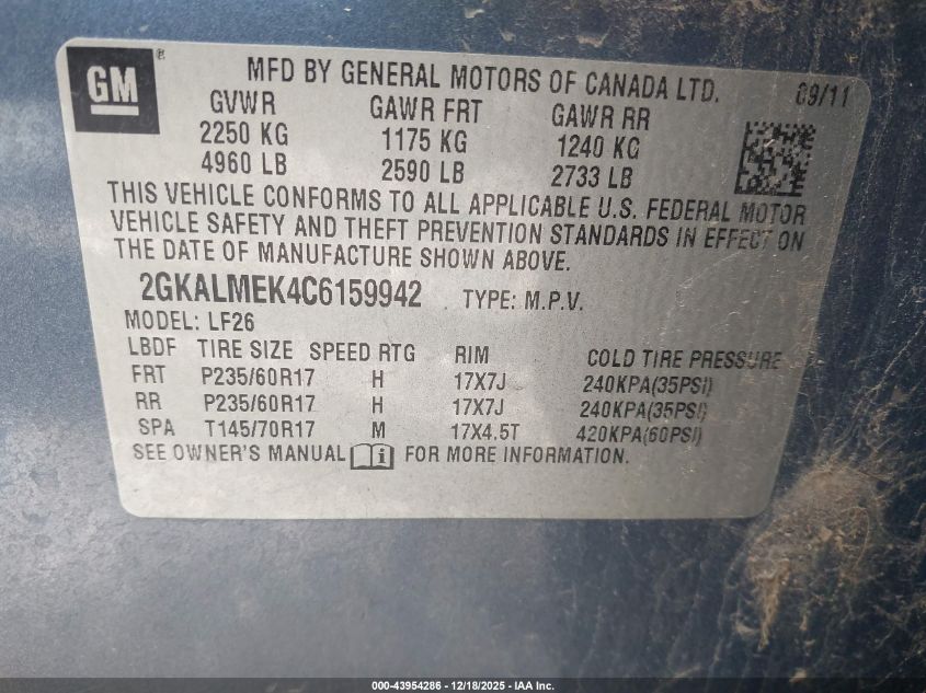 2012 GMC Terrain Sle-1 VIN: 2GKALMEK4C6159942 Lot: 43954286