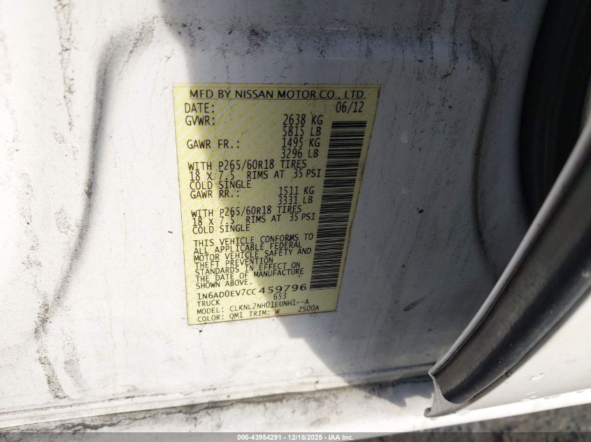 2012 Nissan Frontier Sv VIN: 1N6AD0EV7CC459796 Lot: 43954291