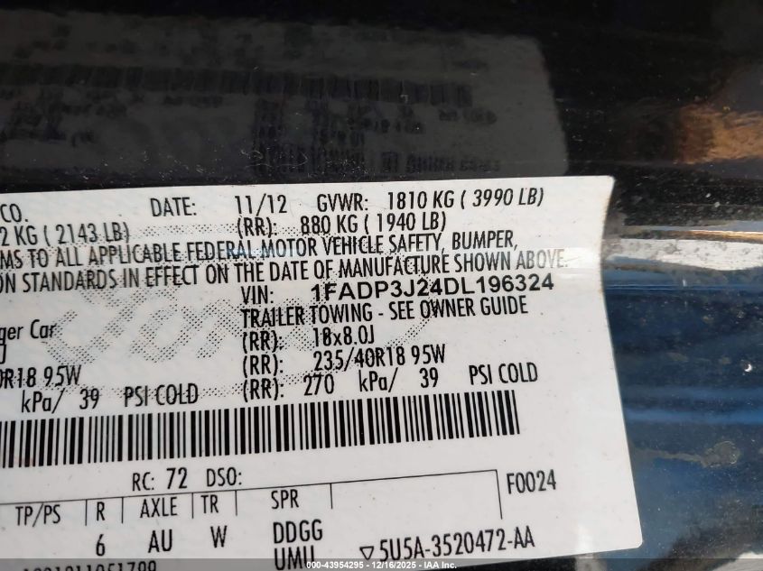 2013 Ford Focus Titanium VIN: 1FADP3J24DL196324 Lot: 43954295