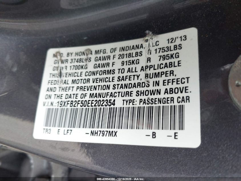 2014 Honda Civic Lx VIN: 19XFB2F50EE202354 Lot: 43954300