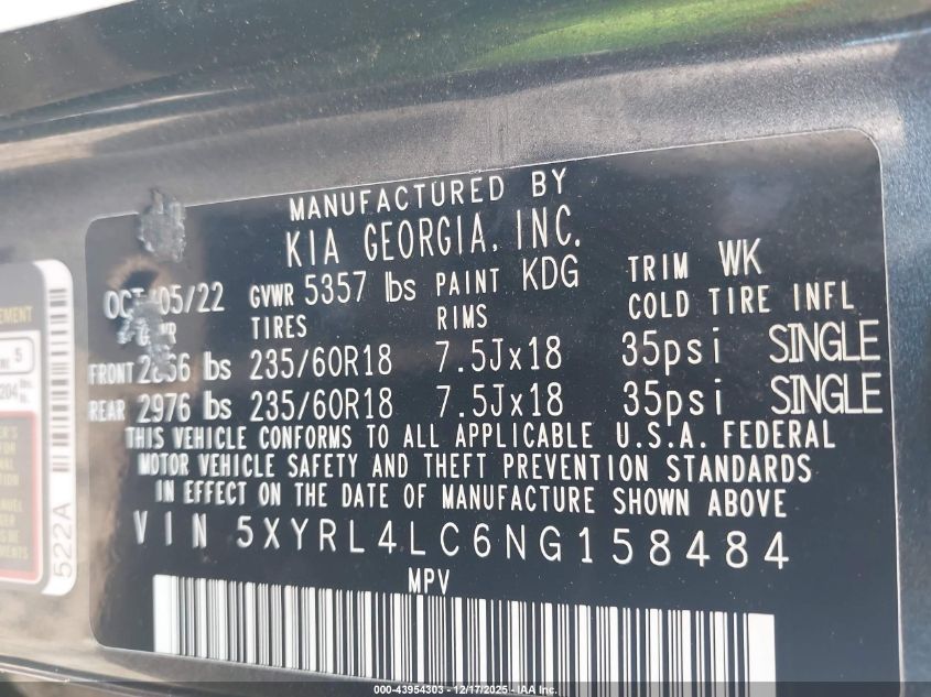 2022 Kia Sorento S VIN: 5XYRL4LC6NG158484 Lot: 43954303