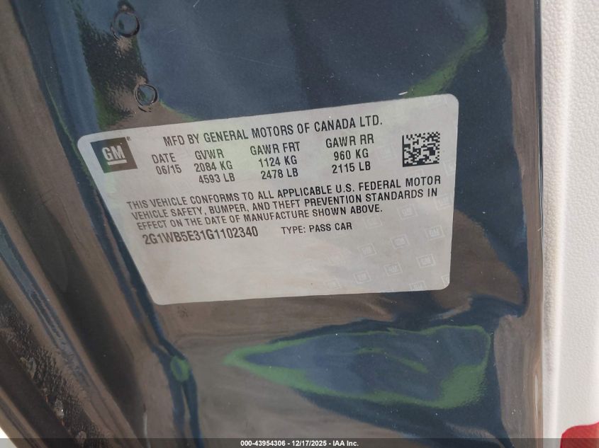 2016 Chevrolet Impala Limited Lt VIN: 2G1WB5E31G1102340 Lot: 43954306