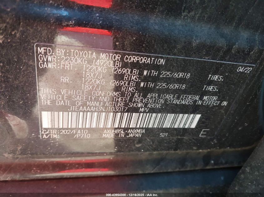 2022 Toyota Venza Le VIN: JTEAAAAH3NJ103017 Lot: 43954308