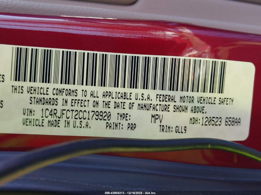 2012 Jeep Grand Cherokee Overland VIN: 1C4RJFCT2CC179920 Lot: 43954313
