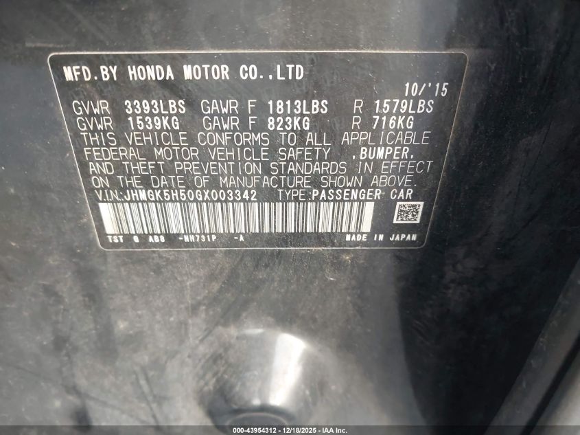 2016 Honda Fit Lx VIN: JHMGK5H50GX003342 Lot: 43954312