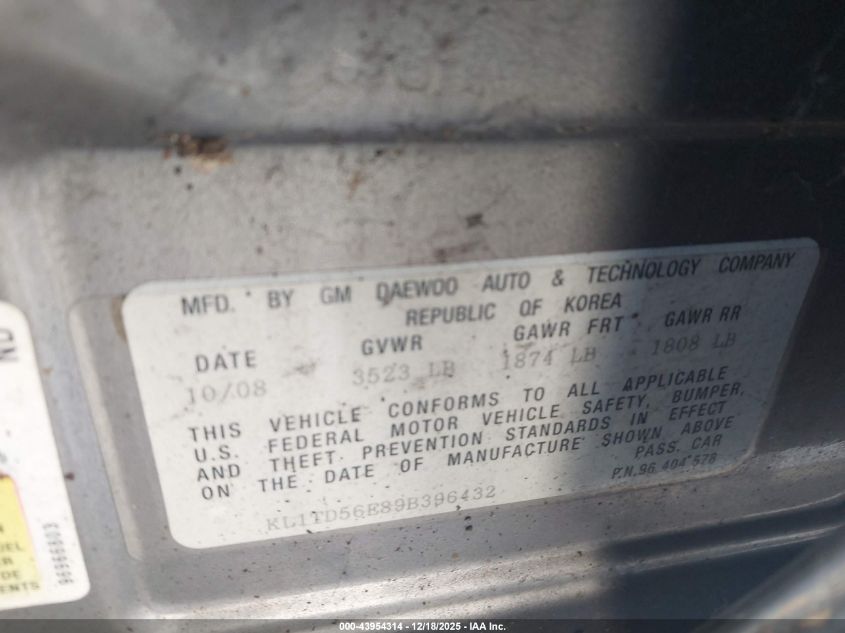 2009 Chevrolet Aveo Lt VIN: KL1TD56E89B396432 Lot: 43954314