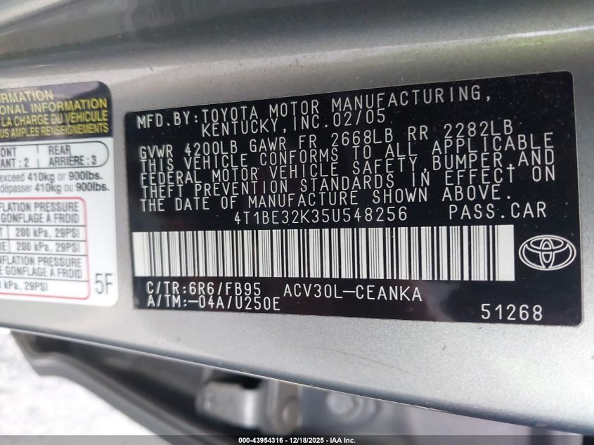 2005 Toyota Camry Le VIN: 4T1BE32K35U548256 Lot: 43954316