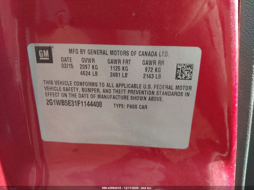 2015 Chevrolet Impala Limited Lt VIN: 2G1WB5E31F1144408 Lot: 43954318