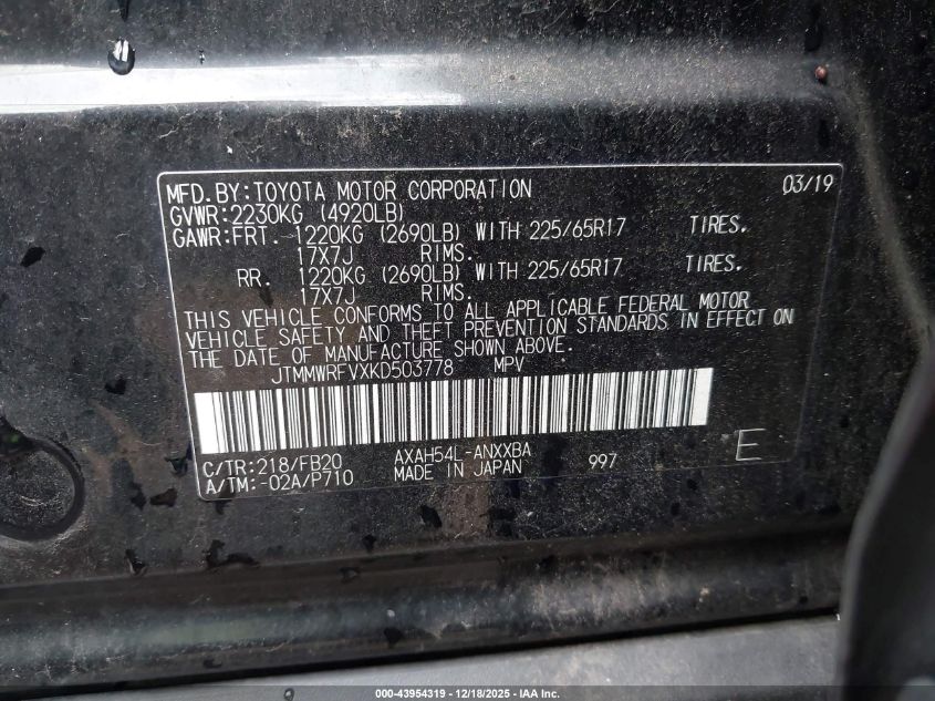 2019 Toyota Rav4 Hybrid Le VIN: JTMMWRFVXKD503778 Lot: 43954319