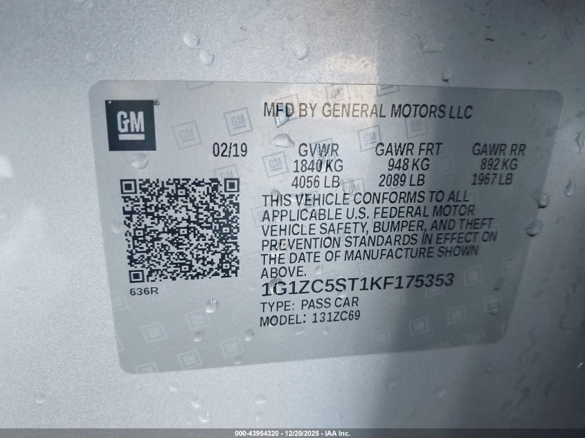 2019 Chevrolet Malibu 1Fl VIN: 1G1ZC5ST1KF175353 Lot: 43954320