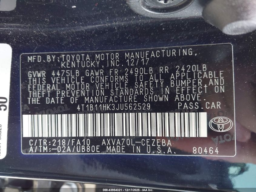 2018 Toyota Camry L VIN: 4T1B11HK3JU562529 Lot: 43954321