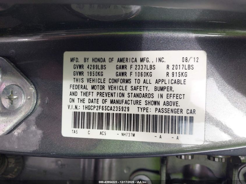 2012 Honda Accord 2.4 Se VIN: 1HGCP2F65CA235929 Lot: 43954323