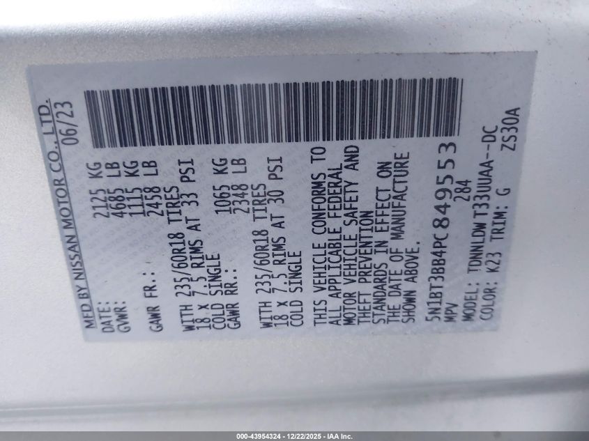 2023 Nissan Rogue Sv Intelligent Awd VIN: 5N1BT3BB4PC849553 Lot: 43954324