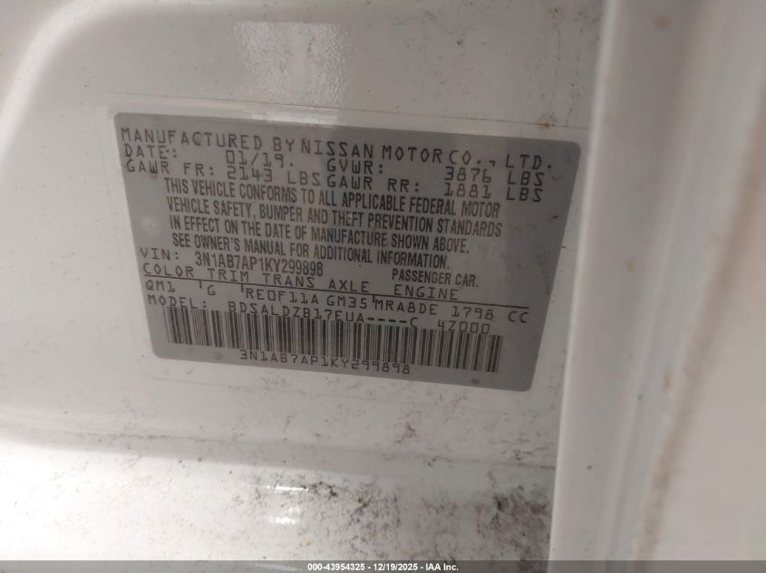 2019 Nissan Sentra Sv VIN: 3N1AB7AP1KY299898 Lot: 43954325