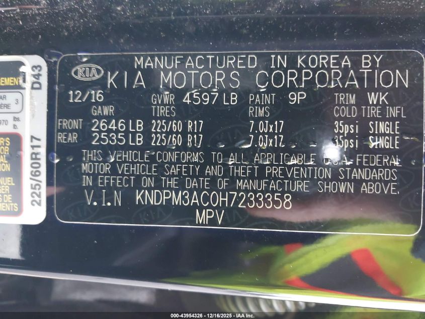 2017 Kia Sportage Lx VIN: KNDPM3AC0H7233358 Lot: 43954326