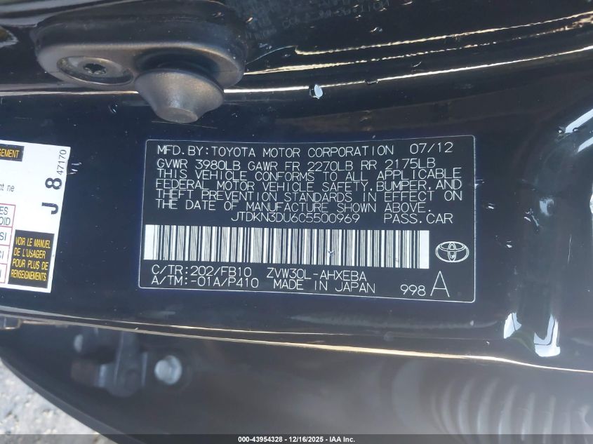 2012 Toyota Prius Two VIN: JTDKN3DU6C5500969 Lot: 43954328